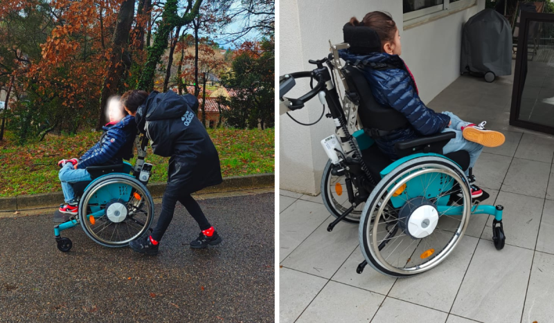 Essai et livraison d’un fauteuil roulant Kidevo Prime T avec motorisation e-fix